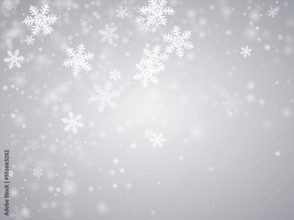 Wall mural Magical falling snowflakes background. Snowfall dust ice shapes. Snowfall weather white gray wallpaper. Mess snowflakes february texture. Snow hurricane landscape.