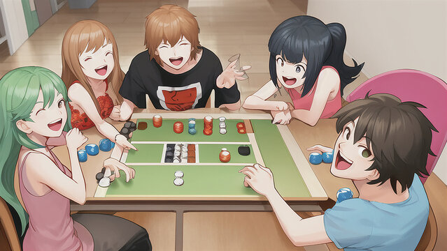 illustration, A group of friends gathered around a table, playing board games and laughing