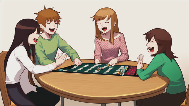 illustration, A group of friends gathered around a table, playing board games and laughing