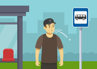 Young male character spitting at bus stop. Do not spit in public places. Close-up view of a man waiting city bus. Flat vector illustration template. - obrazy, fototapety, plakaty