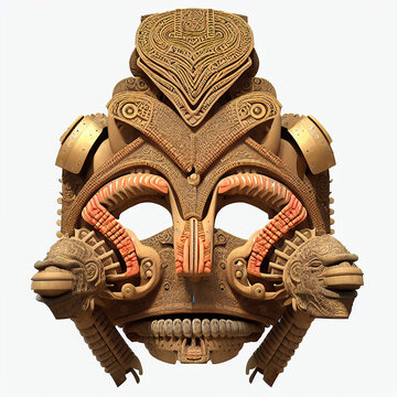 Traditional ancient Aztec Mask. Digital illustration. 3D rendering. Isolated on white.