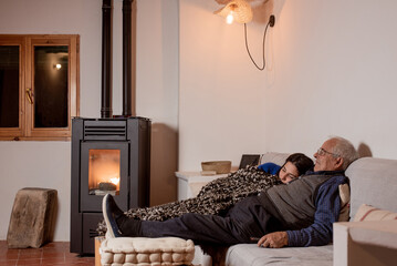 grandfather and granddaughter in her twenties on the sofa cuddled with the blanket, rustic luxury dining room with wood and flaming cooker, wintry atmosphere