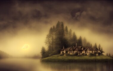 mystical lake house, fantasy lakescape, digital illustration.