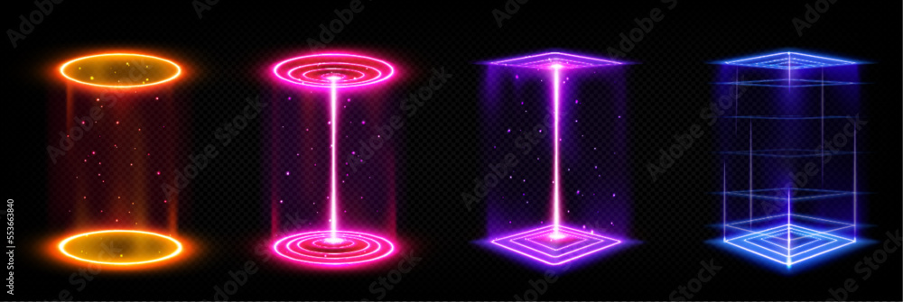 Wall mural set of futuristic neon portals on transparent background. realistic vector illustration of round squ
