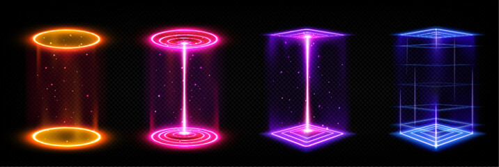Set of futuristic neon portals on transparent background. Realistic vector illustration of round square holographic gate glowing in yellow, red, purple, blue. Virtual reality, cyber space podiums - obrazy, fototapety, plakaty