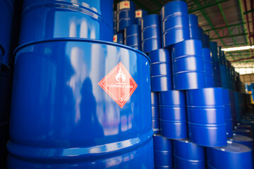 Oil barrels blue or chemical drums vertical stacked
