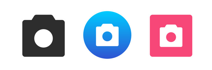 Camera photo multimedia content shooting optical zoom photographing device icon set vector flat