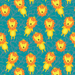 Fototapeta premium Cute lion seamless pattern in childish style.