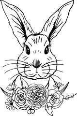 Linear Easter Bunny with flowers and leaves. This art is perfect for invitation cards, spring and summer decor, greeting cards, posters, scrapbooking, print, etc.