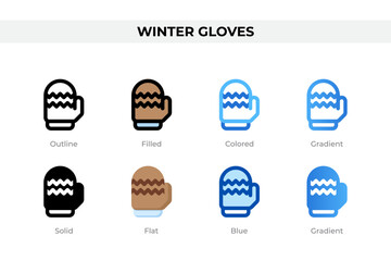 Winter gloves icons in different style. Winter gloves icons set. Holiday symbol. Different style icons set. Vector illustration