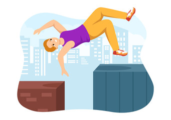 Parkour Sports with Young Men Jumping Over Walls and Barriers in City Streets and Buildings in Flat Cartoon Hand Drawn Template Illustration