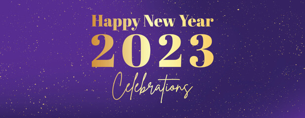 Happy New Year 2023. Vector web banner, poster, greeting card design gold logo 2023 background with golden glitter