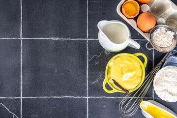 Homemade custard creme with ingredients - vanilla, milk and eggs. Sweet Creme anglaise dessert...