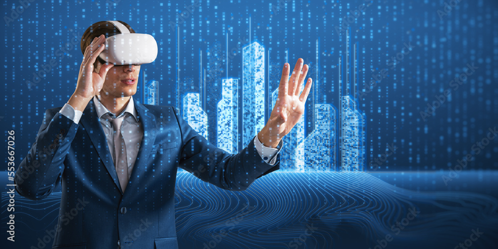 Poster metaverse social networking and online business concept with man in virtual reality headset touching