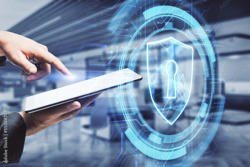 Poster close up of businessman hand pointing at cellphone with glowing secure padlock hologram on blurry ba