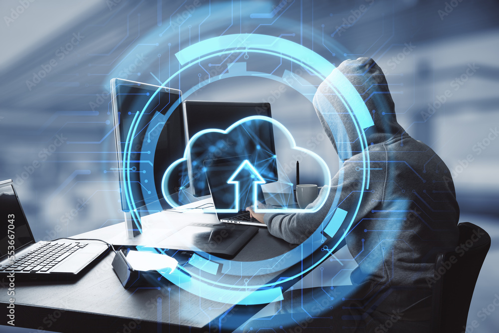 Poster Uploading files to cloud concept. Hacker sitting at desktop and using glowing digital cloud with arrow on blurry background. Double exposure.