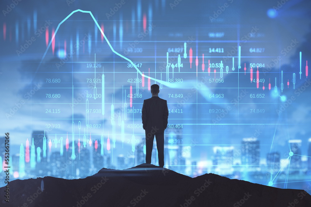 Poster back view of backlit businessman looking at glowing business forex chart hologram and grid on blurry