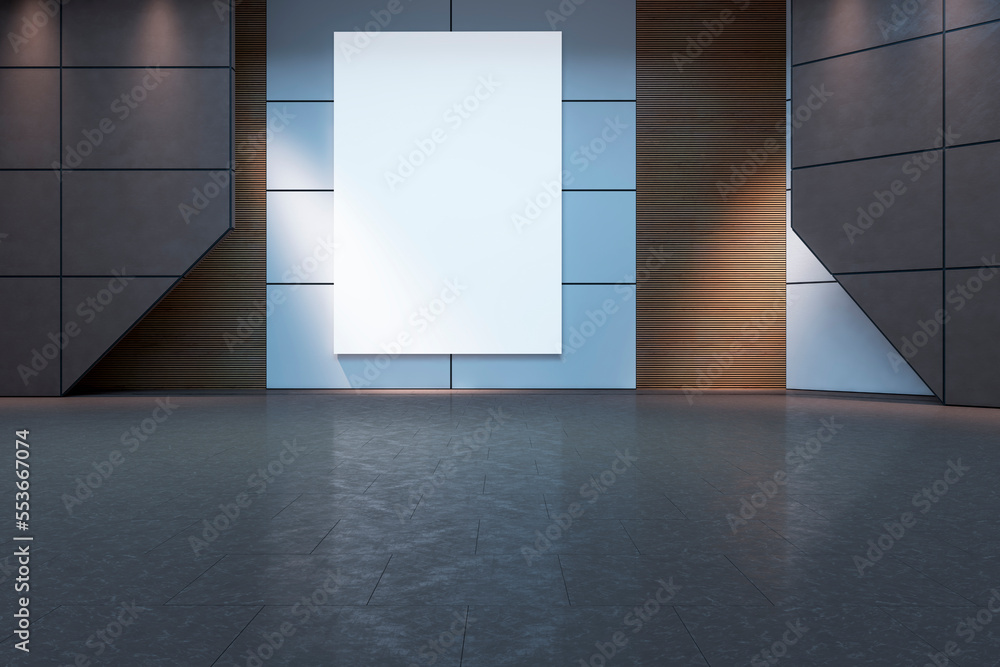 Poster Urban futuristic concrete tile interior background with empty white mock up banner. Spaceship or gallery interior concept. 3D Rendering.
