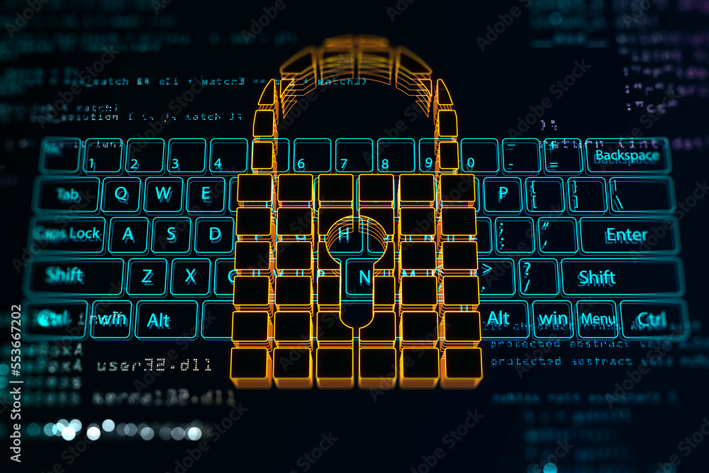 Aufkleber Cyber security and personal data protection concept with digital yellow cubes pad lock with key hole on blue virtual keyboard background. 3D rendering