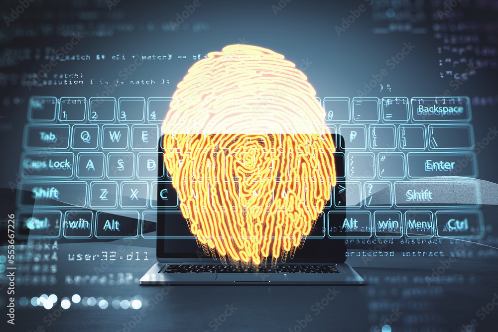 Poster digital biometric, security and identify concept with graphic yellow fingerprint and blue keyboard o