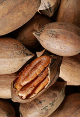 close up of pecan nuts in shell, one nut cracked, background 