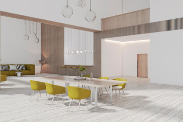Modern spacious concrete and light wooden living room interior with furniture. Luxurious lifestyle concept. 3D Rendering.