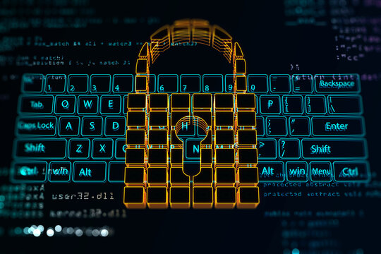 Cyber security and personal data protection concept with digital yellow cubes pad lock with key hole on blue virtual keyboard background. 3D rendering