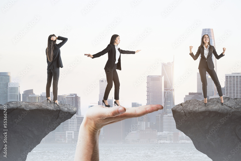 Aufkleber Creative image of team helping each other walk through difficulty on abstract city background with cliff gap. Teamwork, , success and union concept.