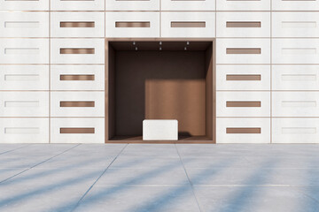 Modern light building facade with box for product placement or advertisement. Mock up, 3D Rendering.