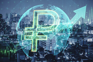 Fototapeta na wymiar Glowing ruble hologram with globe and arrow on blurry noted city background. Growing market and finance concept. Double exposure.