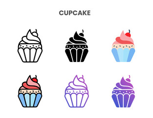 Cupcake icons vector illustration set line, flat, glyph, outline color gradient. Great for web, app, presentation and more. Editable stroke and pixel perfect.