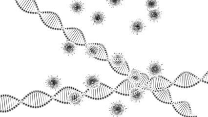 X-ray Molecular structure, DNA model structure and red virus under black Background. Concept image of Genetic Test. 3D illustration. 3D high quality rendering. 3D CG. PNG file format.