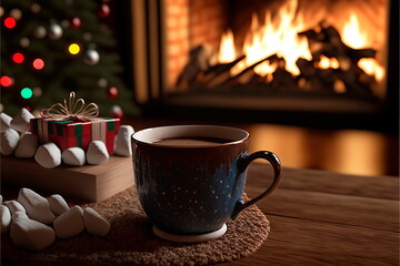 New Year's coffee with marshmallows. Christmas holidays. Still-life. Winter holidays concept, Magical atmosphere in the house.