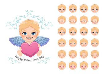 Valentine Card Template with Cute Cartoon Cupid Holding Heart and Collection of Faces in Different Moods Cartoon Character Vector