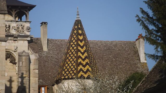 Colorful glazed tile rooftop in France (4k 30p Slowmotion)