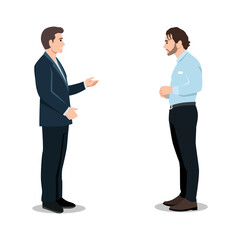 Obraz premium The boss talks at the subordinate in connection with falling of sales. The chief shouts. Angry boss character scream. Vector illustration. boss dismisses subordinate