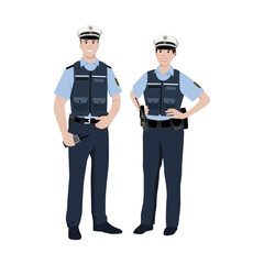 Man and woman Police character design. European type. Flat vector illustration isolated on white background - obrazy, fototapety, plakaty