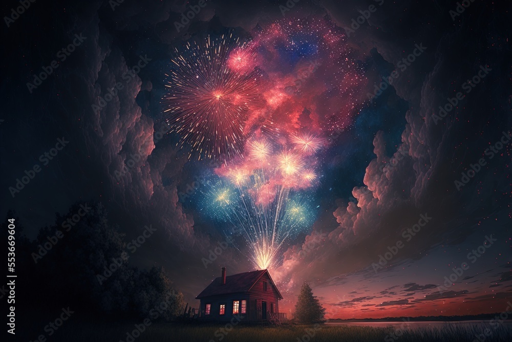 Poster the sky is lit up with pyrotechnics. generative ai