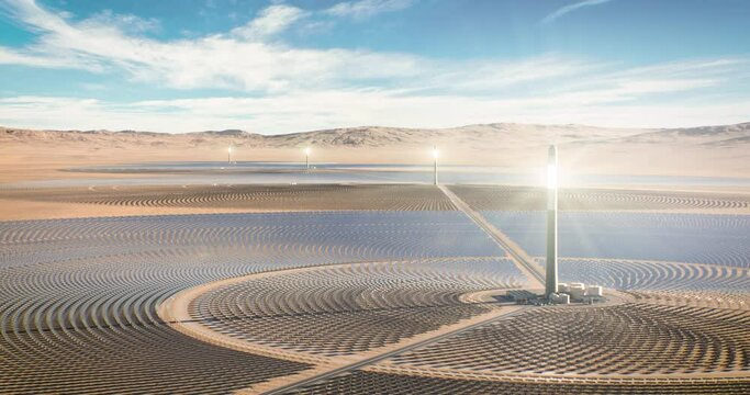 Solar thermal power plant. Renewable energy production. Solar energy. Aerial view of central power plant and industrial facilities surrounded by many reflecting mirrors. Sun moving. 3D rendering.