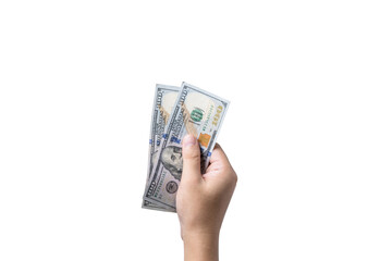 Isolate of hand holding USD one hundred dollar banknote with clipping path , Dollar is the main money which the world use exchange.