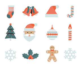 Merry Christmas Flat Illustrations Include a bell, stocking, Santa, tree, bauble, candle, gingerbread man, and snowflake