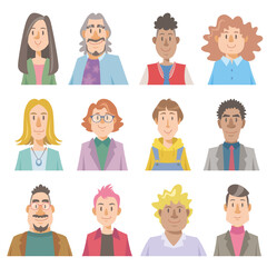 Different gender identity people smiling. Set of diverse peoples faces on white background. Vector illustration in flat cartoon style.