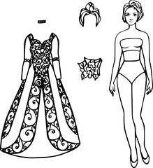 Sketch of a dress with large jewelry pattern, Gothick style. Clothes for a paper doll. Fashion clothes, wig, bouquet, necklace, choker, accessories