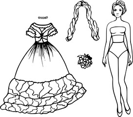 Sketch of a ball dress pattern. Clothes for a paper doll. Fashion clothes, wig, bouquet, necklace, accessories