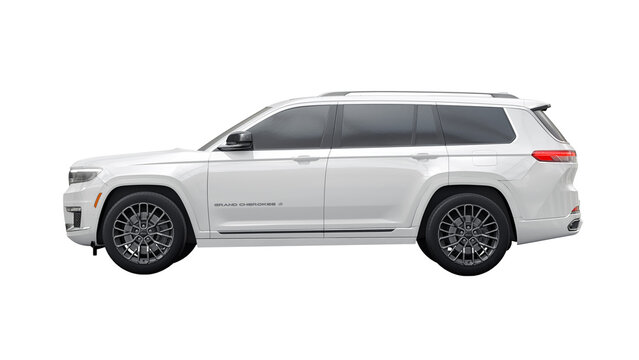 Dallas, USA. December 12, 2022. Jeep Grand Cherokee L 2022 on a white background. A premium SUV car with an original design and extensive capabilities both in the city and off-road. 3d illustratio