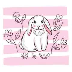  Cute white bunny and flowers vector illustration print design rabbit, children print on t-shirt