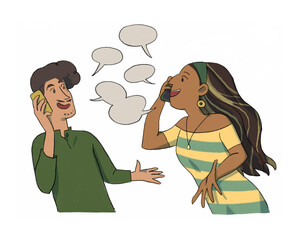 A woman and a man are talking on the phone , illustrations , drawing , hand drawing , men and women talking online, social network