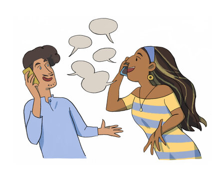 A woman and a man are talking on the phone , illustrations , drawing , hand drawing , men and women talking online, social network