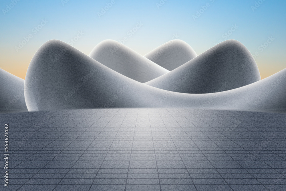 Poster empty concrete asphalt floor plaza and gray abstract curved walls. 3d rendering of modern architectu