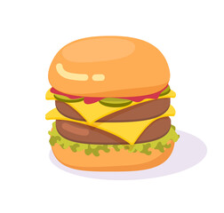 Burger double big hamburger isolated drawn vector icon or larger cheeseburger with cheese sandwich flat cartoon fast food illustration clipart image